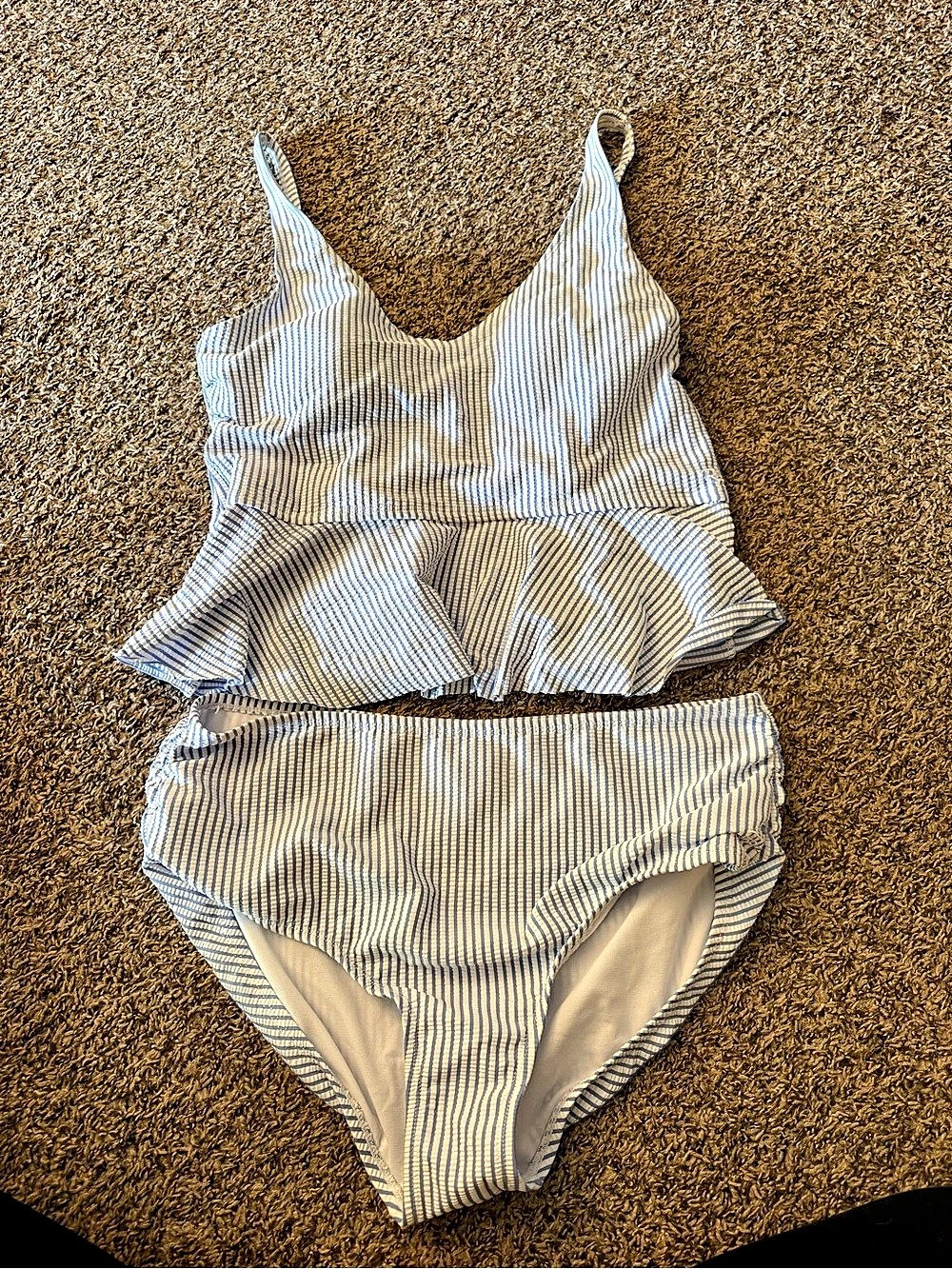 RuffleButts Women's Seersucker Peplum Tankini Top & Bottom Set Blue & White XL